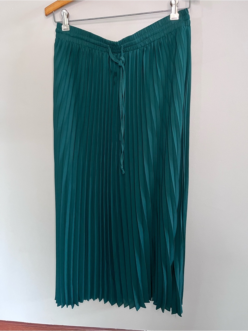 Aodemo Womens Pleated Midi Skirt Dark Teal Green Elastic Waist Drawstring Size L